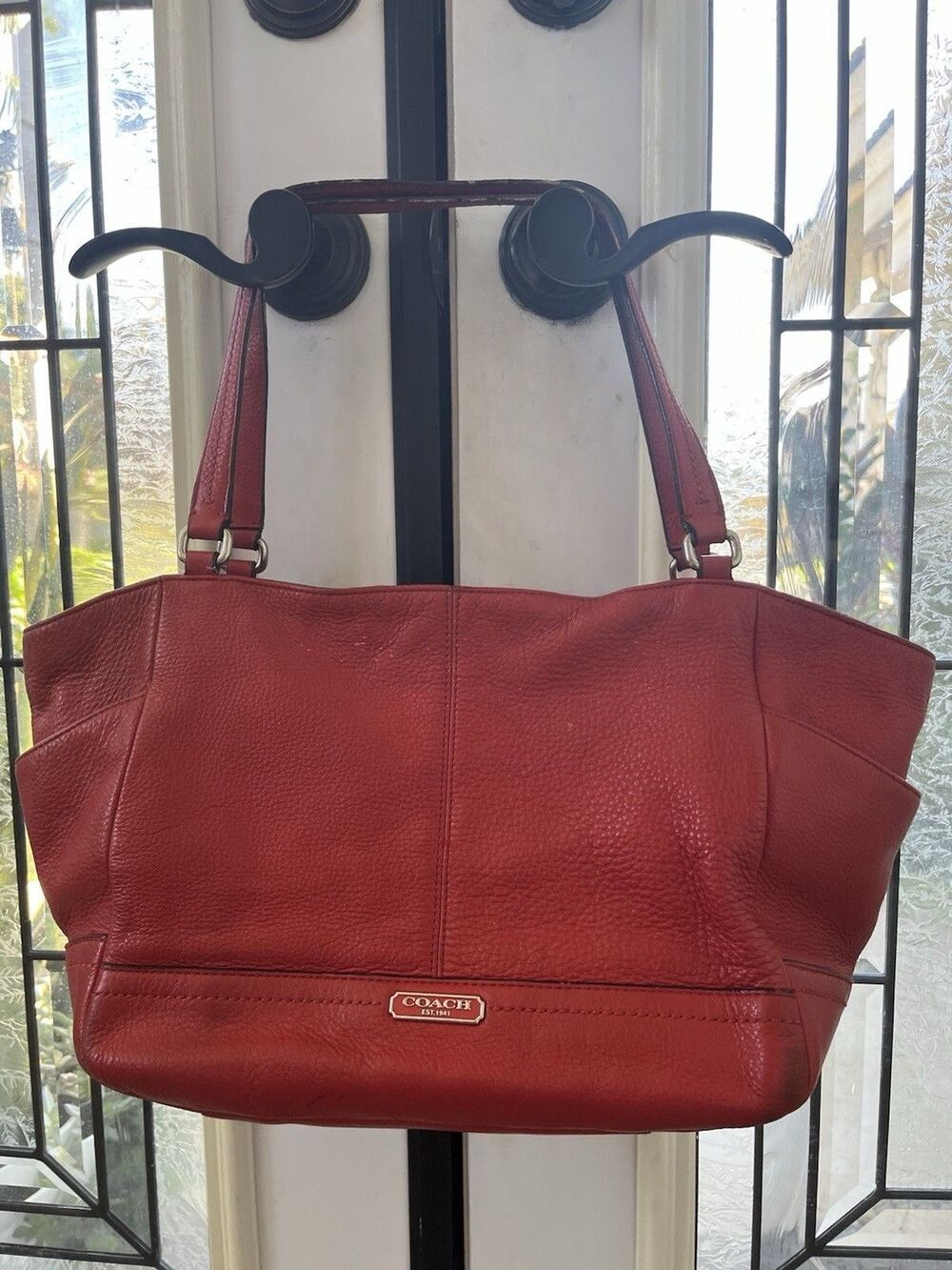 Coach Park Leather Carrie Tote Red Orange Pebbled Double Strap Shoulder Bag